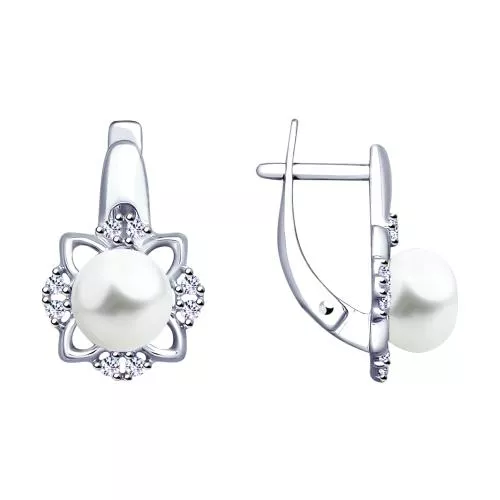 Серьги из серебра с жемчугом и фианитами
