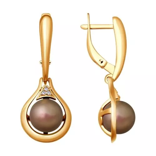 Серьги из золочёного серебра с коричневым жемчугом Swarovski и фианитами