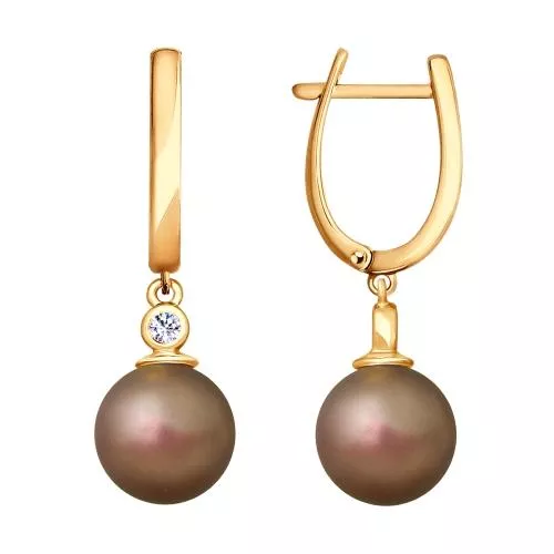 Серьги из золочёного серебра с коричневым жемчугом Swarovski и фианитами