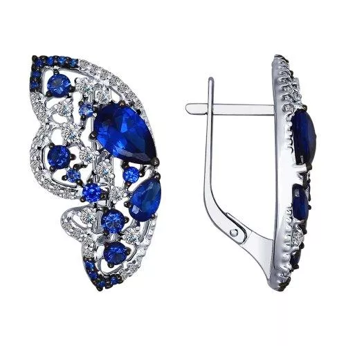 Серьги из серебра с бесцветными и синими фианитами