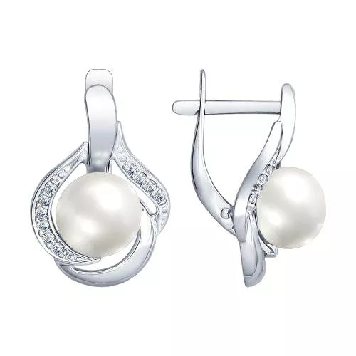 Серьги из серебра с жемчугом и фианитами