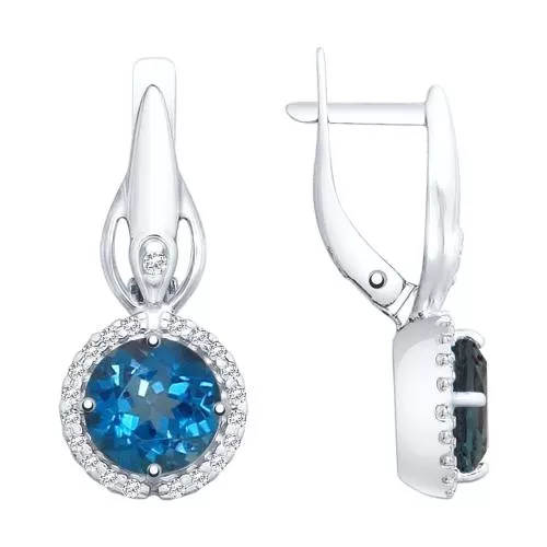 Серьги из серебра с синими топазами и фианитами