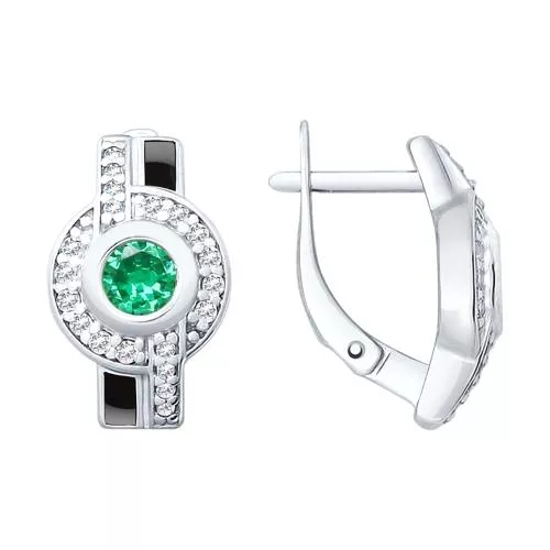 Серьги из серебра с эмалью и зелеными ситаллами и фианитами