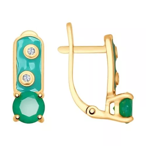 Серьги из золочёного серебра с эмалью и агатами и фианитами