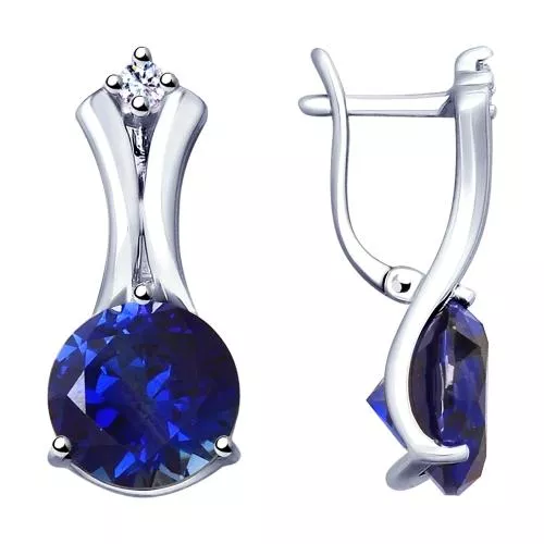 Серьги из серебра с синими корундами (синт.) и фианитами
