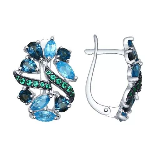 Серьги из серебра с голубыми и синими топазами и зелеными фианитами