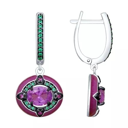 Серьги из серебра с эмалью и сиреневыми ситаллами и фианитами