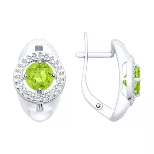 Серьги из серебра с хризолитами и фианитами