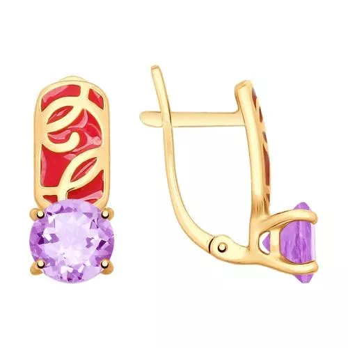 Серьги из золочёного серебра с эмалью и аметистами