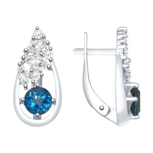 Серьги из серебра с синими топазами и фианитами