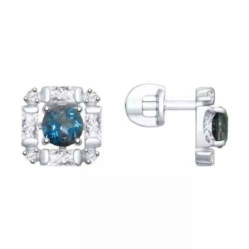 Серьги из серебра с синими топазами и фианитами