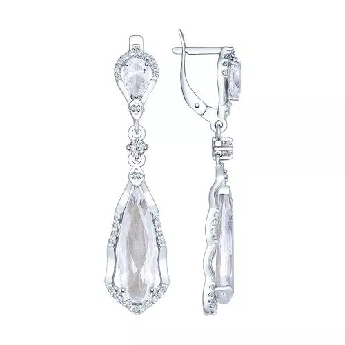 Серьги длинные из серебра с горным хрусталем и фианитами