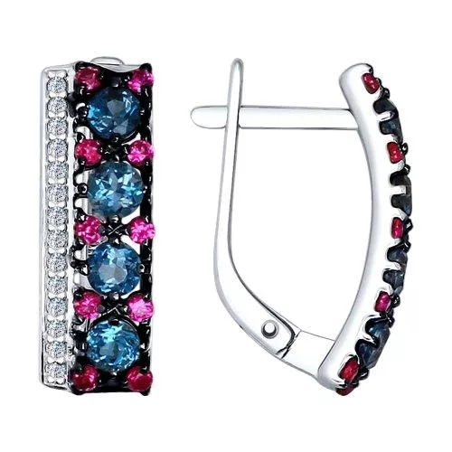 Серьги из серебра с топазами и бесцветными и красными фианитами