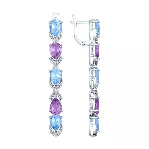 Серьги длинные из серебра с миксом камней