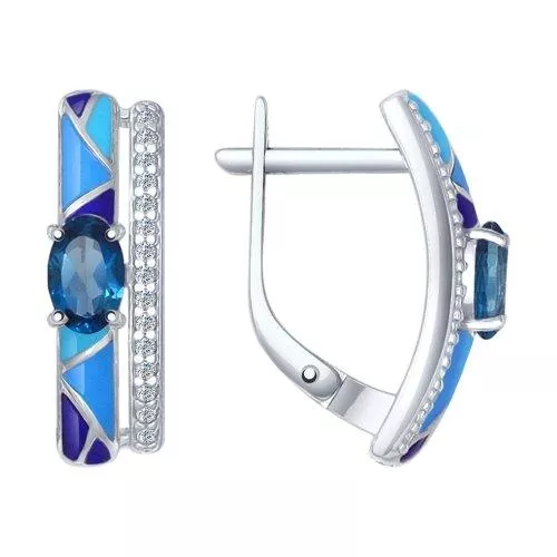 Серьги из серебра с эмалью с топазами и фианитами