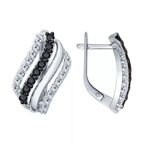 Серьги из серебра с фианитами и чёрными фианитами