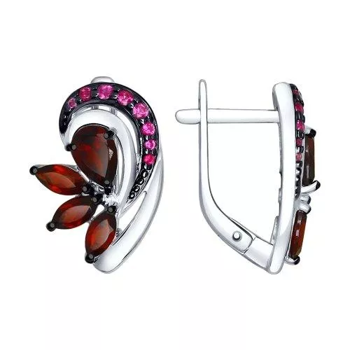 Серьги из серебра с гранатами и красными фианитами