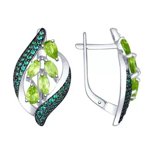 Серьги из серебра с хризолитами и зелеными фианитами