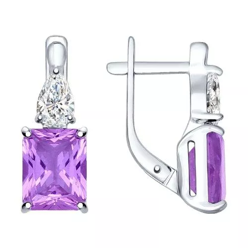 Серьги из серебра с сиреневыми ситаллами и фианитами