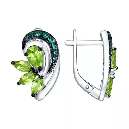 Серьги из серебра с хризолитами и зелеными фианитами