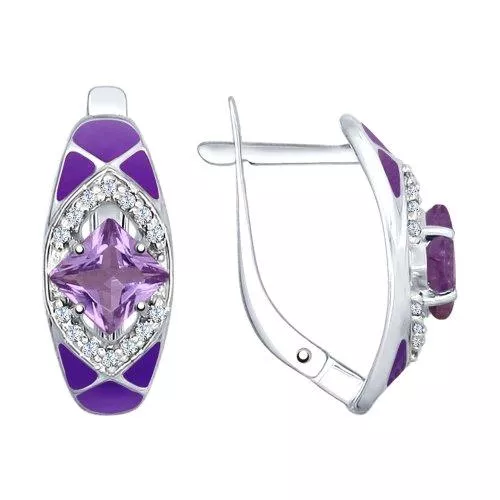 Серьги из серебра с эмалью с аметистами и фианитами