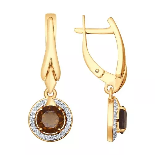 Серьги из золочёного серебра с раухтопазами и фианитами