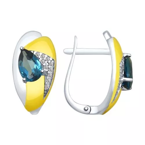 Серьги из серебра с синими топазами и фианитами