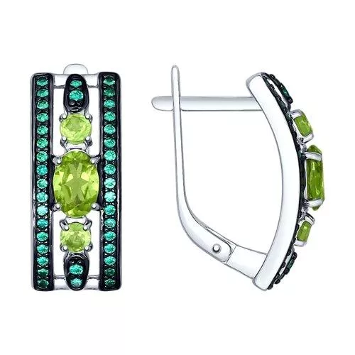 Серьги из серебра с хризолитами и зелеными фианитами