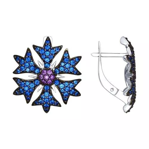 Серьги из серебра с синими и сиреневыми фианитами