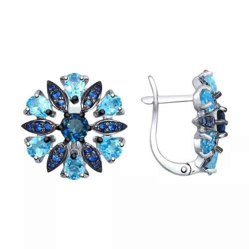 Серьги из серебра с голубыми и синими топазами и синими фианитами