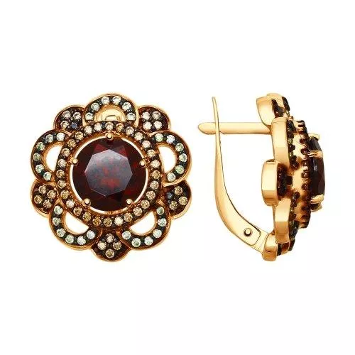 Серьги из золочёного серебра с гранатами и жёлтыми и зелеными фианитами