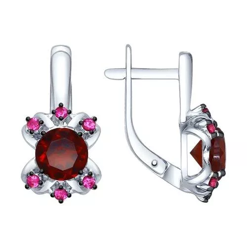 Серьги из серебра с гранатами и красными фианитами