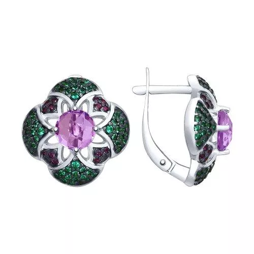 Серьги из серебра с аметистами и зелеными и сиреневыми фианитами