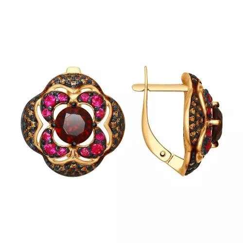 Серьги из золочёного серебра с гранатами и жёлтыми и красными фианитами