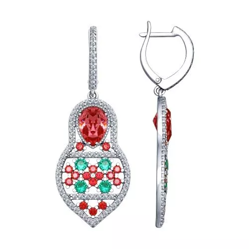 Серьги «Матрешки» с розовыми кристаллами Swarovski и фианитами