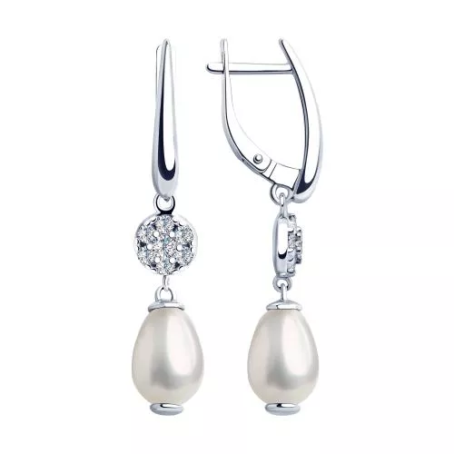 Серьги из серебра с жемчугом Swarovski и фианитами
