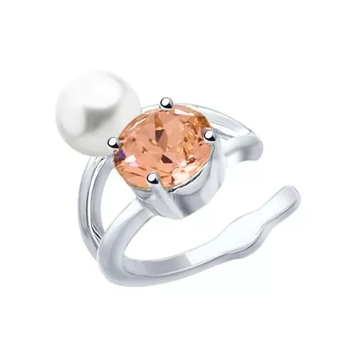 Серьга из серебра с жемчугом Swarovski и розовым кристаллом Swarovski