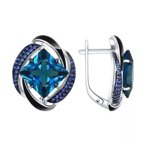 Серьги из серебра с эмалью с синими ситаллами и синими фианитами