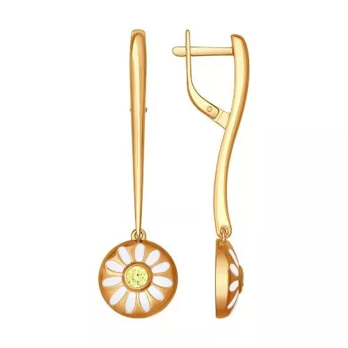 Серьги длинные из золочёного серебра с эмалью с фианитами «Ромашки»