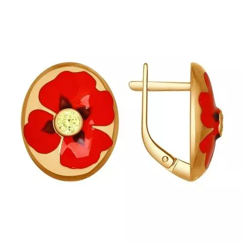 Серьги из золочёного серебра с эмалью с фианитами «Маки»