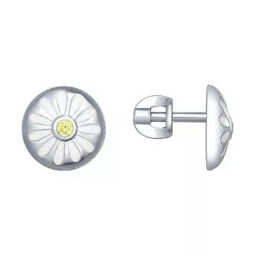 Серьги-пусеты из серебра с эмалью с фианитами «Ромашки»