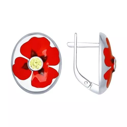 Серьги из серебра с эмалью с фианитами «Маки»