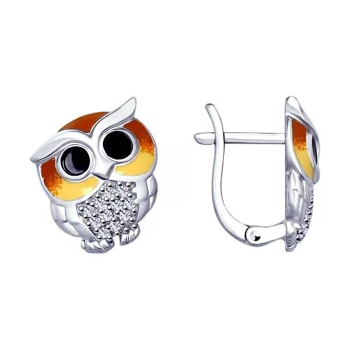 Серьги из серебра «Совята» с эмалью и фианитами