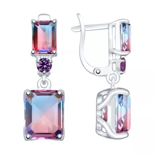 Серьги из серебра с ситаллами и сиреневыми фианитами