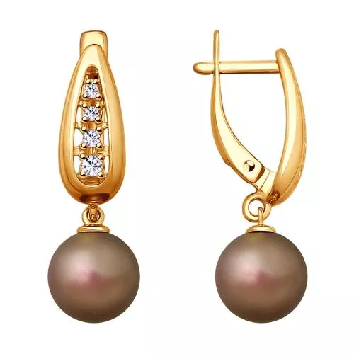 Серьги из золочёного серебра с коричневым жемчугом Swarovski и фианитами