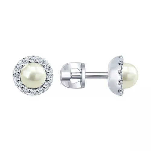 Серьги-пусеты из серебра с жемчугом и фианитами