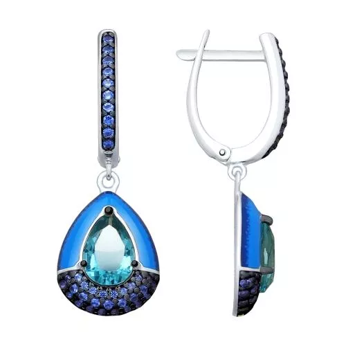 Серьги из серебра с эмалью и синими ситаллами и фианитами