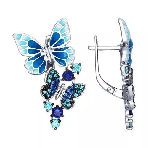 Серьги из серебра с эмалью с зелеными и синими фианитами