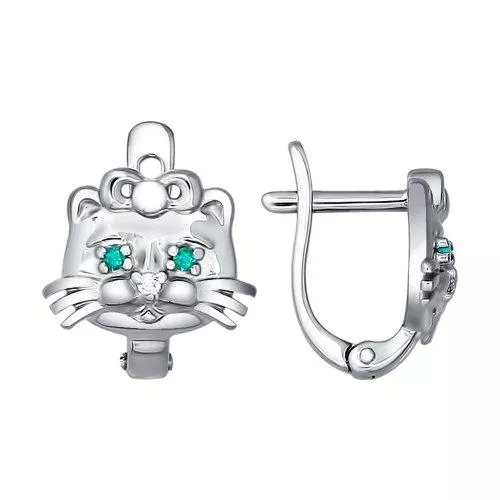 Серьги для детей «Кошечка»  с зелёными фианитами