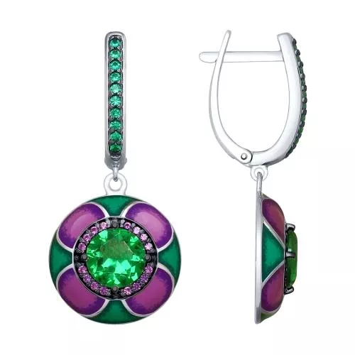 Серьги из серебра с эмалью и зелеными ситаллами и фианитами